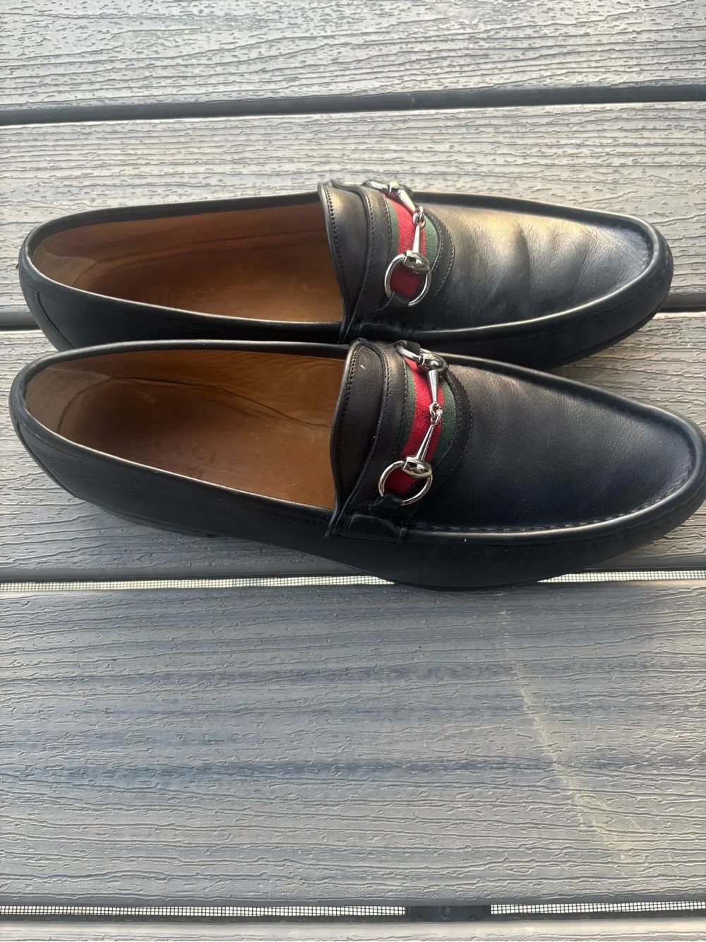 Gucci Men’s Leather Loafers with Red and Green Web & Silver Horsebit Size 11